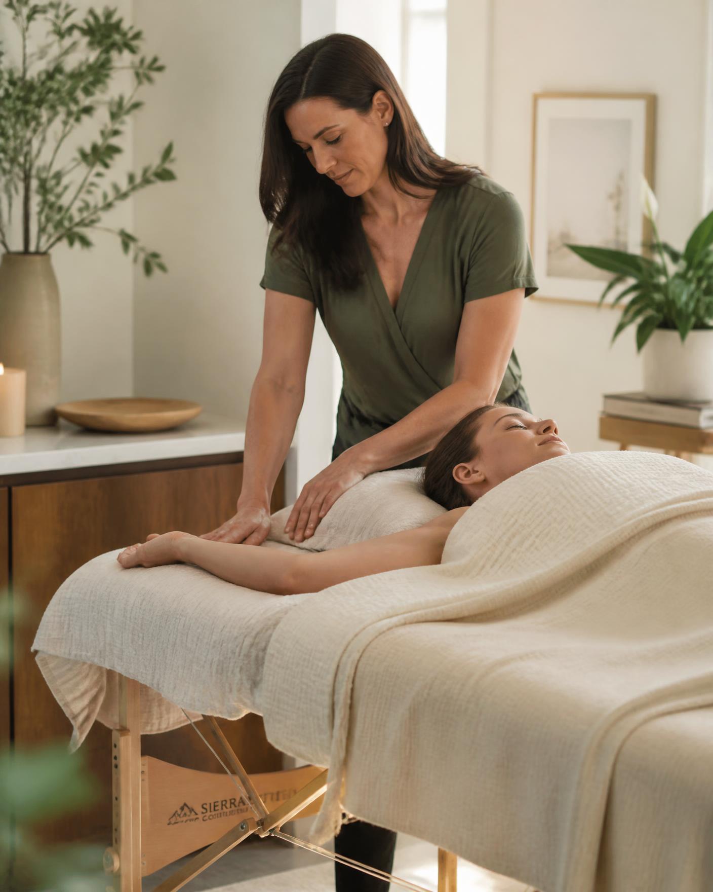 Terapeuta realizando massagem em atendimento domiciliar